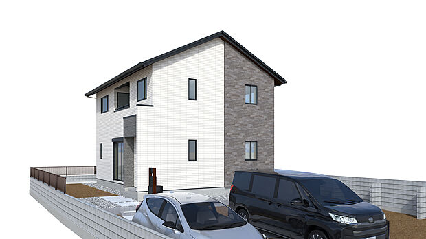 【完成予想外観パース】
異素材を組み合わせたスタイリッシュな外観デザイン。駐車スペース2台分を確保し、ゆとりある敷地計画で暮らしやすさにも配慮した住まいです。