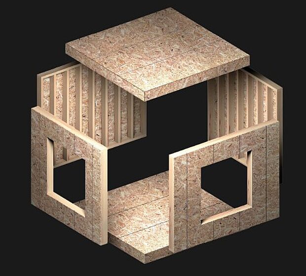 【2×４　モノコック構造】ツーバイフォー工法は、204材等を中心に枠組みし、構造用合板等を貼り付け「パネル」化した「面」で構成され、床・壁・天井（屋根）が一体となった6面体のモノコック構造です。地震などの外力を建物全体で受け止め、効率よく力を分散させます。外力が一部に集中しないため、建物の倒壊や巨大な損傷を受けることがなく、地震などに対して抜群の強さを発揮します。