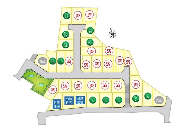 分譲地ならでは、一体感のある街並み。
分譲地内に公園があるため、子育て世代のご家族も生活しやすいです。南側がひな壇のため、北接道の区画でも日当たり良好です。