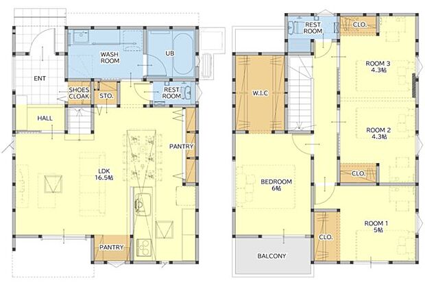 【4LDK+S(納戸)】全室フローリング設計。 1階には16.5帖LDK。パントリーが2ヵ所。リビング収納もあり♪ 玄関にはシューズクロークあり♪ 2階には洋室が4部屋(6.0帖・5.0帖・4.3帖×2)。6帖主寝室には3帖のW.I.Cあり♪ 駐車場は2台駐車可能です♪ 省令準耐火構造! 火災に強いため、通常の木造住宅に比べて火災保険を低く抑えることができるのが大きなメリットです。