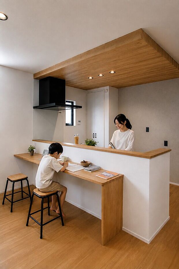 【A棟】LDK|料理をしながら家族との会話を楽しめる対面キッチンに、便利なカウンターをプラス。食事やワークスペース、お子様のスタディスペースなど、多目的に活用できる便利な設計。
