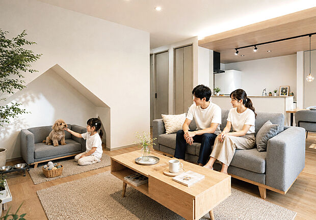 7号地内観パース。家族とペットが同じ空間で心地よく過ごせるLDK。リビングのそばにペットの居場所を設けることで、いつでもお互いの存在を感じながら、安心して暮らせる住まいです。