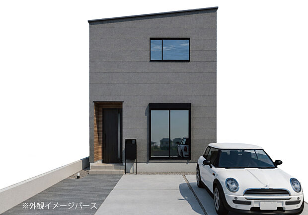 2号地外観パース/水平ラインを強調した外壁と片流れ屋根が、すっきりした縦長のフォルムを引き立てます。玄関まわりの木目が温もりを添え、並列2台分の駐車スペースも確保。シンプルさの中に個性が光る外観です。