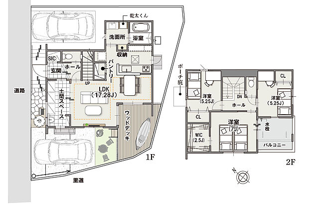 【3LDK】【29号地】
アウトドア用品の収納などにうれしい土間スペースやリビングと繋がるウッドデッキや大きなバルコニーなどお家でアウトドアを楽しめる空間があります。土間スペースは駐車場から直接出入りできる設計で、キャンプなどにお出かけ時や帰宅時スムーズに荷物の出し入れができます。
また、設備面でも「ソラエネネクスト」の太陽光発電システム8.9kw搭載、ガス温水床暖房、ガス衣類乾燥機の乾太くん採用など、省エネで日々の生活が快適になるお家です。