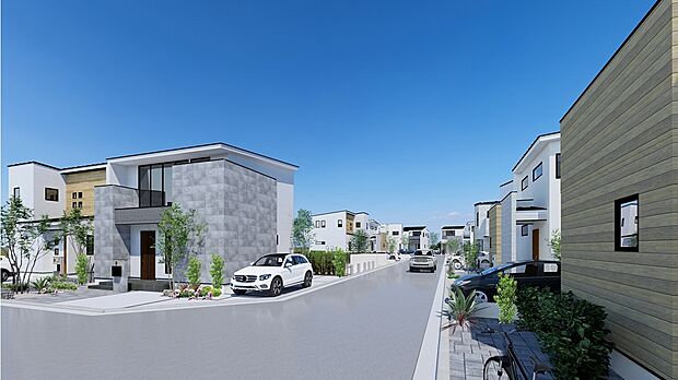【街並みパース】全30区画の美しい街並みが広がるビッグタウン。ゆとりある団地内道路や整った外構が、家族の毎日に安心感と心地よさを添えます。※完成予想パースは図面を基に描き起こしたもので、実際とは異なります。