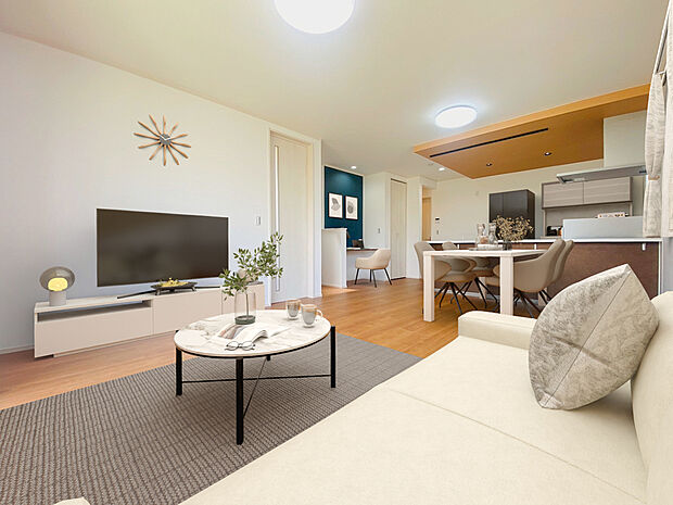 【5号棟　リビングダイニング】
※こちらは実際の物件写真に家具をCGで合成したものです。実際には配置しておりません。