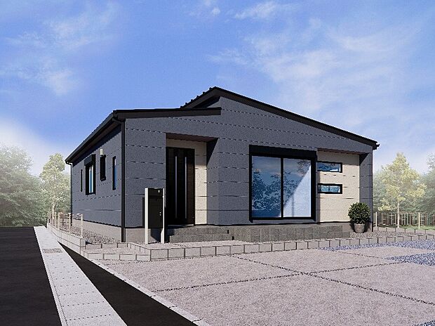 【６号棟：外観イメージ】直線的なラインが際立つ、洗練されたデザインの平屋住宅！張り分けられた外壁は色のコントラストが美しく、街の中で目を引く佇まいです！