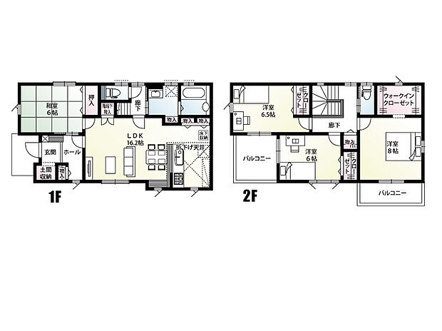 【間取図】
土間収納をはじめとして2階WICは3.0帖！キッチンにはパントリー、洗面室のスペースにも収納を造りました！さらに階段下や家族の共有収納も！無駄のない間取りです！