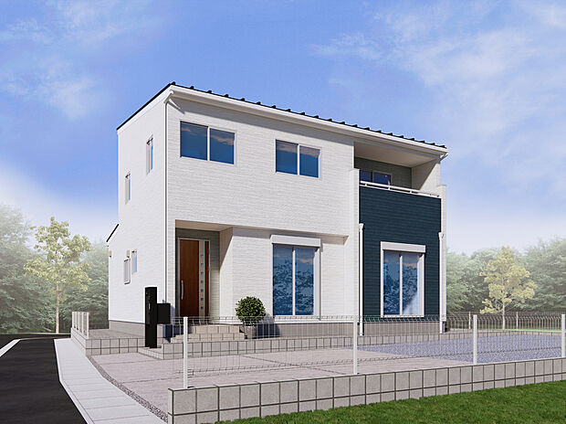 【１号棟　外観パース】外壁材は「セルフクリーニング機能」付き。空気中の水分子を取り込んで外壁表面に薄い水分子膜を作り、汚れを浮かせて雨で洗い落とします。（※外観完成イメージ画像）