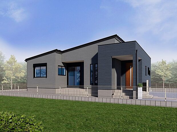 【1号棟　完成イメージ】　　外壁はダークトーンでまとめられ、直線的なラインが際立つ、モダンな印象の外観デザインです！木目調の玄関ドアがあたたかみをプラスしています。