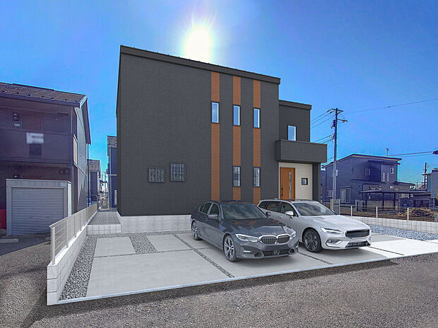 【2号棟:外観完成イメージ】外観全体はブラックを採用し、重厚感と洗練された印象を演出。縦に走るブラウンのラインがほどよいアクセント。スタイリッシュでデザイン性を兼ね備えた外観です。