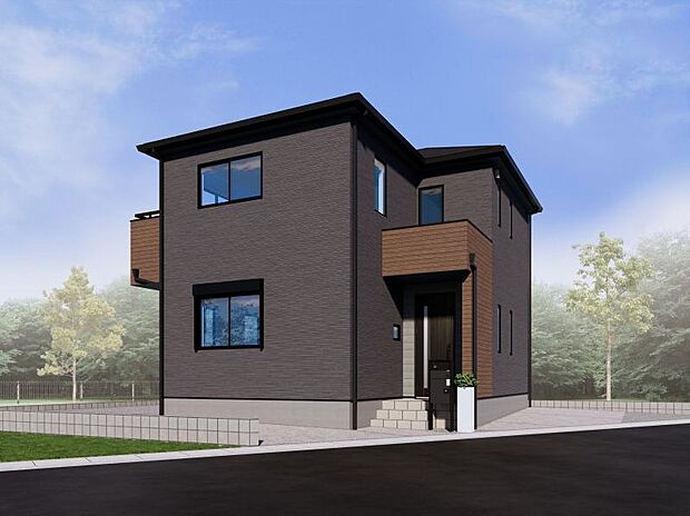 【3号棟 外観イメージ】 濃い色合いでまとめられた、落ち着きのあるシンプルデザインの外観!幅広い世代に愛される、長く住んでも飽きの来ない一邸。植栽の緑も映えるので、住んでからの楽しみがあります♪