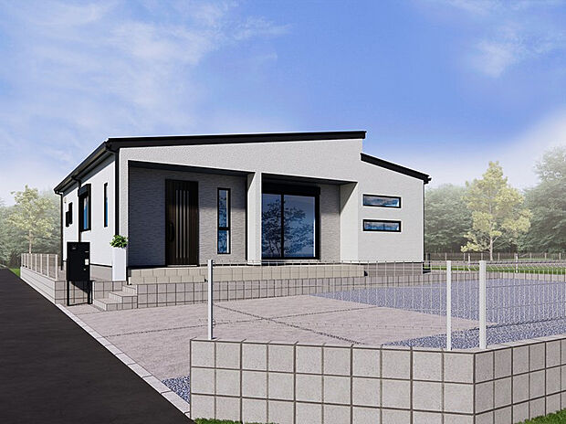 【1号棟　外観完成イメージ】
シンプルながらスタイリッシュで洗練されたデザインの外観です！
直線的なフォルムがモダンな印象を与えます。