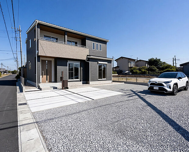 【1号棟:外観完成イメージ】落ち着きのあるチャコールを基調とした外観。※こちらの画像は実際の現場写真にCG合成したイメージです。