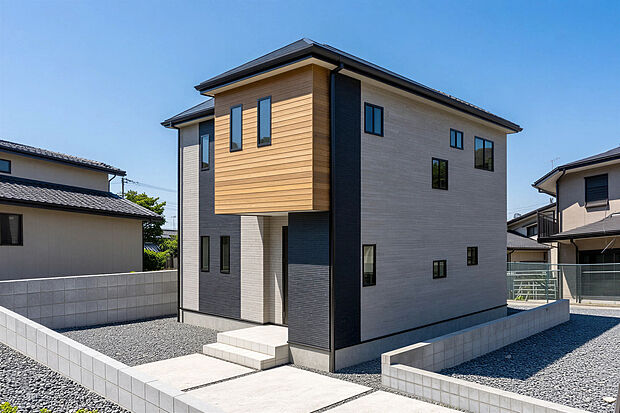木目調のアクセントが惹き立つ、現代的なスタイリッシュフォルムの【阿見町荒川本郷2号棟】