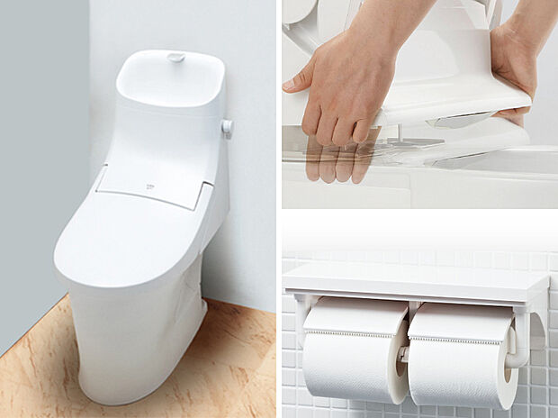 【ベーシアシャワートイレ（LIXIL）】フチレス形状やお掃除リフトアップ機能などお手入れのしやすさが特徴。壁設置型のリモコンと２連紙巻き器が備え付けとなっている超節水タイプのシャワートイレです。