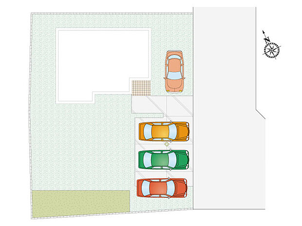 【4LDK】駐車スペースは余裕の4台！前面道路も6ｍあるので車の出し入れも楽にできます！ご家族で休日にはバーベキューや家庭菜園なども楽しめます！