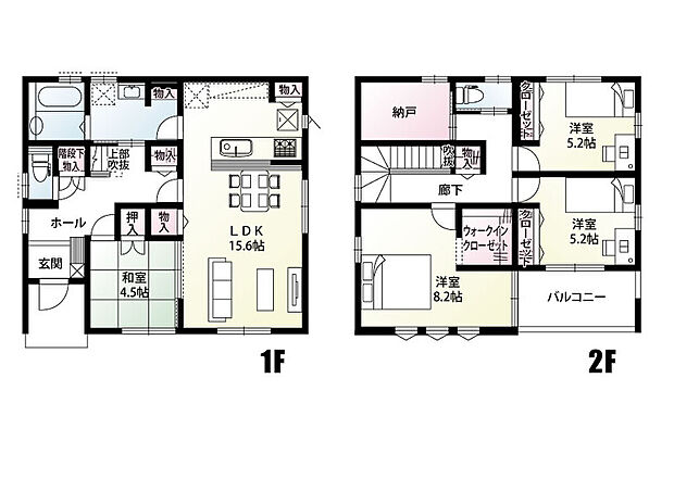 【4LDK+S(納戸)】キッチンから洗面、浴室を直線に配置した家事のしやすい間取り。納戸などの収納が多いプランを採用。使いやすいお部屋配置になっております。