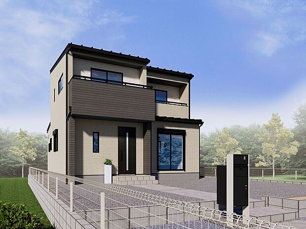 【【13号棟：外観パース】】13号棟　外観イメージ　ストーン調のベージュをベースに張り分けされたのホワイト、ウッド調のカーキ色の外観はシンプルなのに飽きの来ないデザインです。