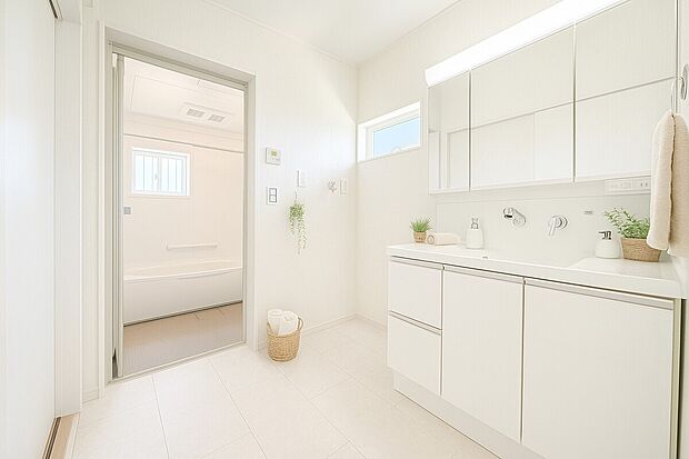 【【洗面脱衣室イメージ】】明るい洗面脱衣室。収納力のある三面鏡と広々した洗面台で、忙しい朝に快適に。