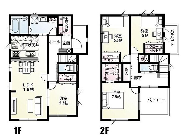 【4LDK】家具を置いてもゆとりがあり居心地の良い18帖のLDK！土間収納や洗面室収納完備で収納豊富な間取りです！キッチンから洗面脱衣室に出入り可能で家事動線が短い、家事ラク動線！2階廊下からバルコニーに出入り可能で、洗濯物やお布団を干すのに便利です♪