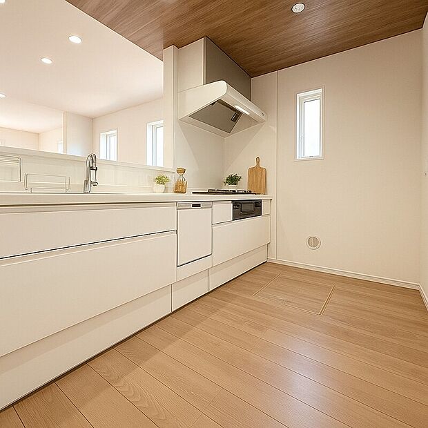 【【キッチンイメージ】】ホワイト基調の清潔感のあるキッチン。シンクは人造大理石になっており耐久性と美しさを備えております。水栓は手をかざすだけで水が出るタッチレス水栓完備。