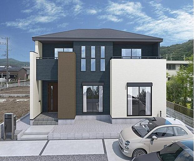 【【3号棟　外観完成イメージ】】紺青色のプルシアンブルーの外壁をベースにアイボリーとビターブラウンの外壁を張り分けた、重厚感のあるデザインです。※この画像は実際の現地の写真にCGで合成したものです。