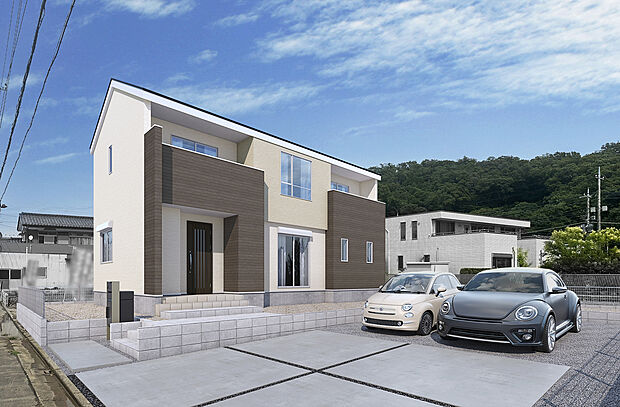 【【4号棟　外観完成イメージ】】アイボリーの外壁をベースにカーキとベージュの外壁を張り分けた、あたたかみのあるデザインです。※この画像は実際の現地の写真にCGで合成したものです。