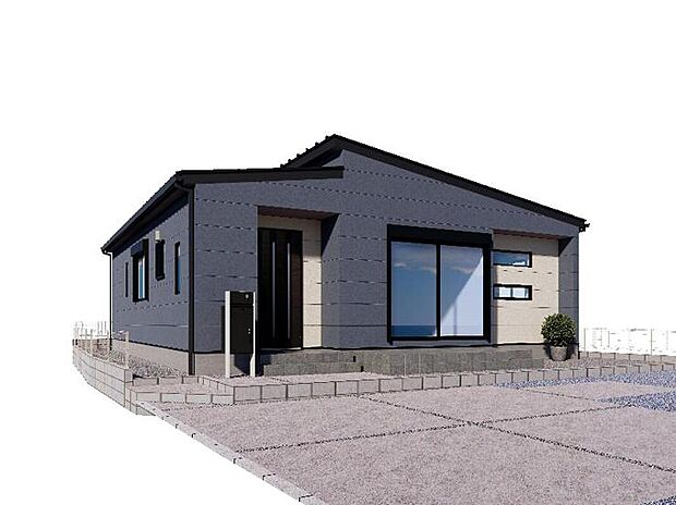 【【6号棟：外観イメージ】】植栽の緑も映える、モダンな印象の外観となっております！
3LDK＋1S(納戸) の平屋住宅！駐車スペース3台分！