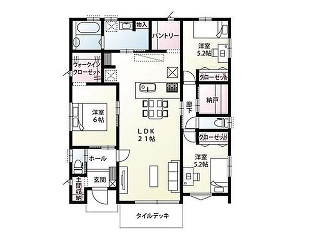 【3LDK＋1S(納戸)】土間収納・パントリー・納戸など、収納豊富な平屋住宅！LDKは広々21帖！キッチンから洗面室に出入り可能！水回りがコンパクトに配置され、毎日の家事がラクになる間取りです！家族の存在を感じ、自然なコミュニケーションが育まれます！
