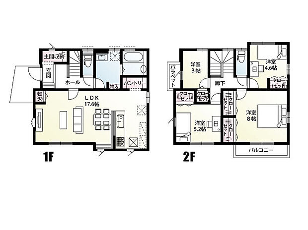 【4LDK】土間収納やパントリー、2階全居室にクローゼットを完備した収納豊富な4LDKの間取りとなっております。
LDKは17.6帖と、家具を置いてもゆとりのある広さです♪