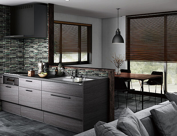 【【設備画像：Bb(トクラス)】】美しく、強く、長く使えるトクラスオリジナルの人造大理石カウンターを採用。汚れが染み込みにくく、熱にも強いという高い性能を備えています。スムーズに調理できる収納、ハンガーアイテムつき。