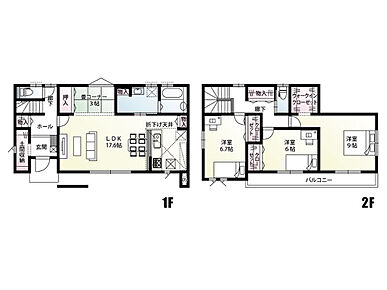 17.6帖の開放的なLDKのまわりに、畳コーナーや水回りを配置。家事がスムーズに進む、使い心地の良い間取りです。 