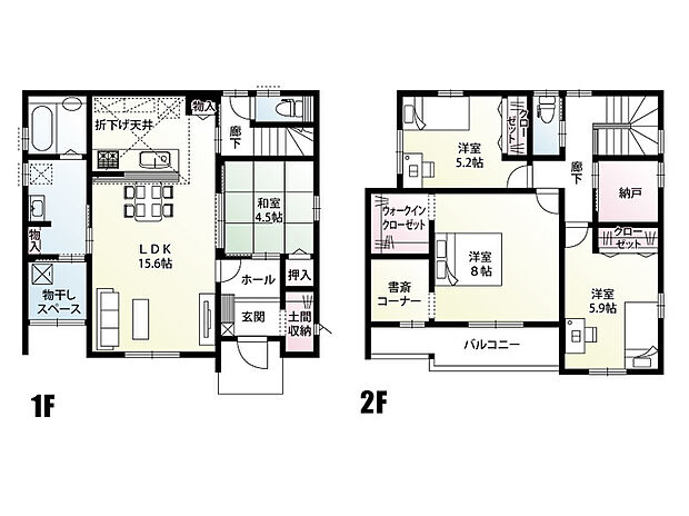 【4LDK】土間収納・ウォークインクローゼット・納戸完備！収納充実な間取りとなっております。洗面室横には物干しスペースを設け、雨の日や花粉の時期のお洗濯も快適です！
主寝室には書斎コーナーがあり、在宅ワークや趣味の時間などに活躍します♪
