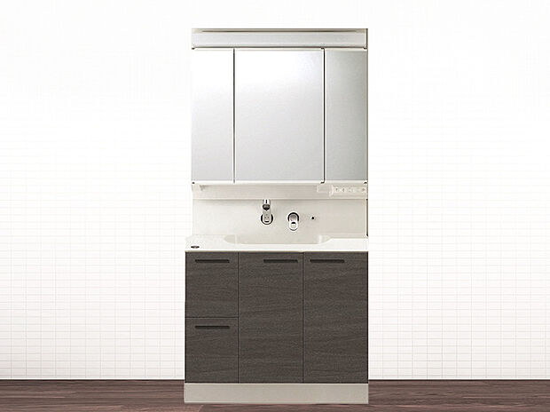 【【2号棟　洗面室(同仕様・同形状写真)】】洗面台の三面鏡の裏には収納スペースがございます。洗面器周りを常にすっきりさせることができますね。