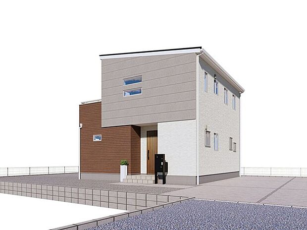 【【３号棟：外観イメージパース】】端正な陰影が幾重にも折り重なるホワイトをベースにオークブラウンとグレーの貼り分けが優雅でやさしい表情になりました。