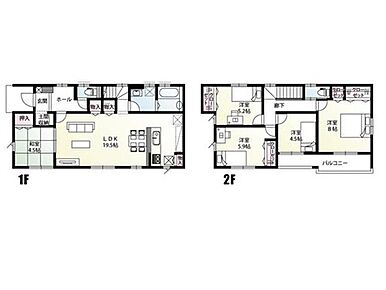 ご家族様の多い方に好評の5LDKの間取りプラン！玄関には土間収納完備！19.5帖のLDKはご家族団らんにピッタリ！暮らしやすさを重視した間取りプランです♪ 