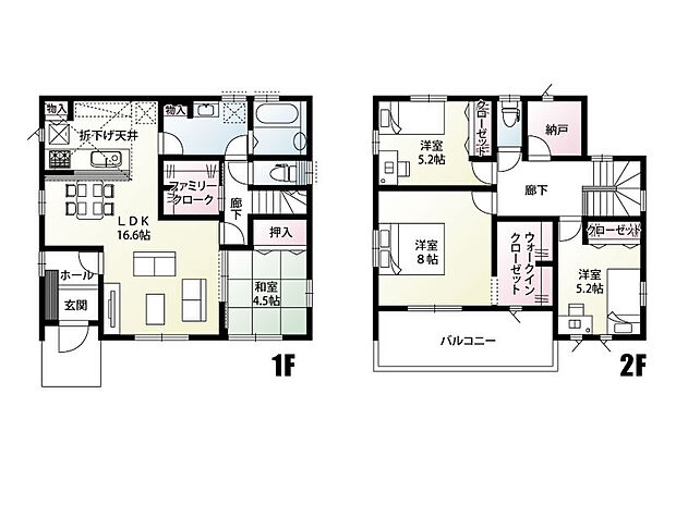 【4LDK＋1S(納戸)】1階にファミリークローク完備！家族の衣類をまとめて収納することができます♪
2階には納戸があり、収納としてはもちろん、在宅ワークや趣味のお部屋としてもお使いいただけます。