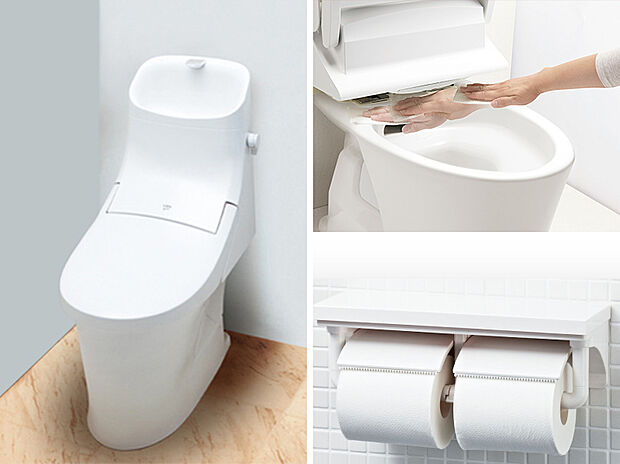 【 シャワートイレ】ベーシアシャワートイレ（LIXIL）■フチレス形状やお掃除リフトアップ機能などお手入れのしやすさが特徴。壁設置型のリモコンと２連紙巻き器が備え付けとなっている超節水タイプのシャワートイレです。