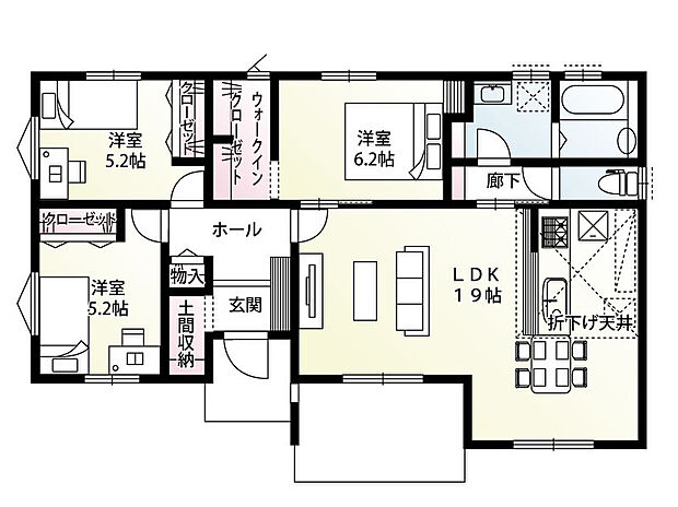 【3LDK】土間収納やウォークインクローゼットを備えた、収納力のある3LDK平屋建てプランです。
LDKは19帖と家具を置いてもゆとりのある広さ！リビングの窓から出入り可能なタイルデッキは、屋外と室内をゆるやかにつなぐくつろぎの空間です♪