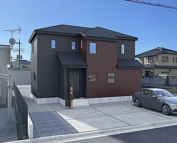 【【2号棟 外観完成イメージ】】ブラックの外壁をベースにココア色の外壁を張り分けた重厚感のあるデザインとなっております。※この画像は実際の現地の写真にCG合成したものです。