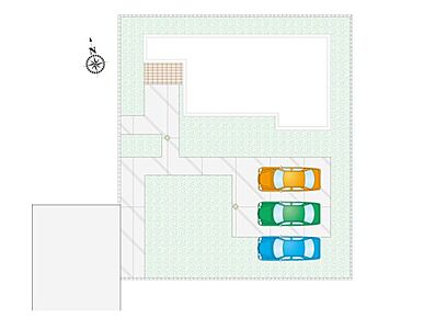 並列3台駐車可能！不在時の荷物の受け取りに便利な、宅配ボックス搭載門柱付き。 