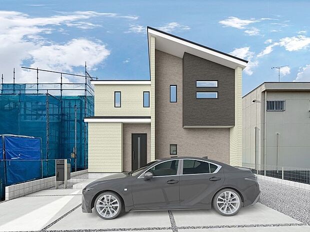 【【8号棟 外観完成イメージ】】ホワイトを基調とし、グレー系2色を使用し明るく優しい印象の外観です。
※現地写真に完成イメージ画像を合成したものです。