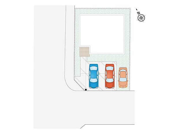【5LDK】日当たり良好な南西角地！駐車スペースのコンクリート打ちや砂利敷き、境界フェンスなど、基本的な外構工事が標準装備です。