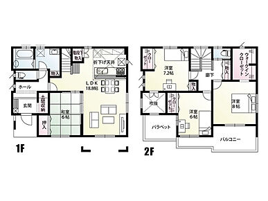 全居室6帖以上のゆとりある間取りです！
洋室から玄関が見下ろせる吹き抜け用の窓や、リビングイン階段でご家族のコミュニケーションもより一層増えますね♪
土間収納や3.3帖のWIC付きで収納も充実◎ 