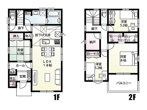 【4LDK】土間収納や納戸、ウォークインクローゼットなど収納豊富な間取りとなっております!
リビングスルー階段を採用し、家族の自然なコミュニケーションを育みます♪
LDKとホールのどちらからでも出入り可能な和室は、お子様のお昼寝スペースや客間としても使用できる便利な一室◎