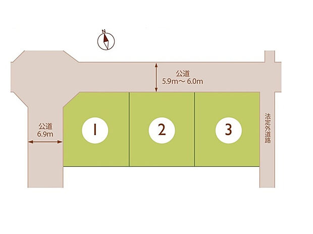 【【全体区画図】】全区画55坪以上!
前面道路はゆとりのある幅で、お車の出し入れもスムーズに行えます。