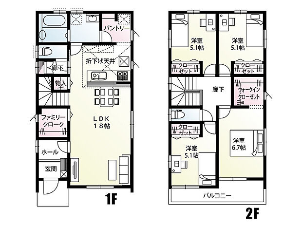【4LDK】2階に4部屋の4LDKプランです。ファミリークロークやパントリーなどの豊富な収納が魅力♪
家族が自然と顔を合わせ、コミュニケーションを育むリビングイン階段採用！
2部屋からアクセス可能なバルコニーは、お洗濯物を干すのはもちろん、イスを置いてちょっとしたリラックス空間としても◎