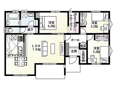 19帖の開放的なLDKを中心に、土間収納や全居室収納を備えた収納豊富な間取り。主寝室には便利なカウンターを設け、ワークスペースや読書コーナーなど多彩に活用できます。 