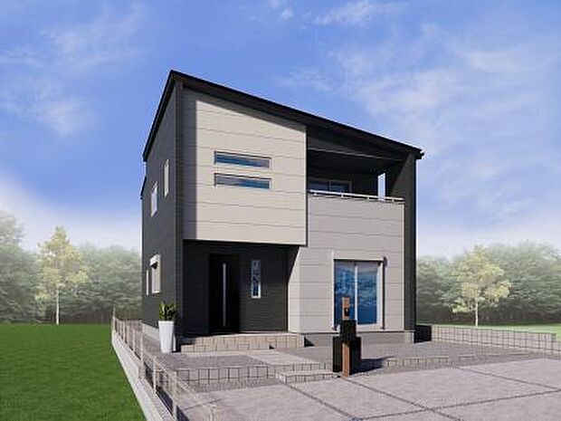 【【4号棟 建物外観イメージパース】】シャープな片流れ屋根のラインが、モダンな印象をもたらす佇まい。濃い色合いをベースに、淡い色合いは色を変えたことにより、より洗練された印象が際立ちます。